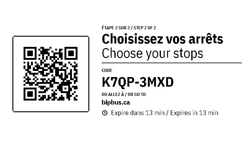L'écran de l'étape 2 : un code QR et un code à 8 caractères pour bipbus.ca.