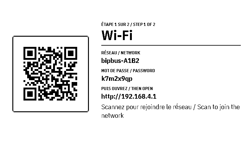 L'écran de configuration : un code QR, le nom du réseau bipbus et un mot de passe.